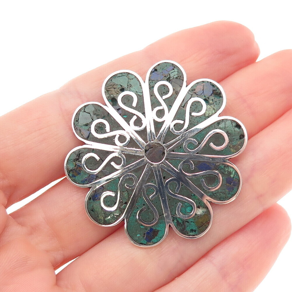 925 Sterling Silver Vintage Mexico Real Azurite Inlay Floral Pin Brooch